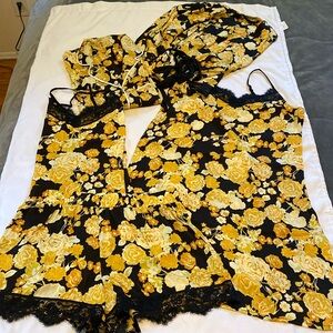 5 piece black and yellow rose print pajama loungewear set size small